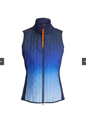 RLX Ralph Lauren Navy Blue Ombre Quilted Zip Vest with Orange Trim